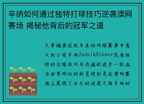 辛纳如何通过独特打球技巧逆袭澳网赛场 揭秘他背后的冠军之道