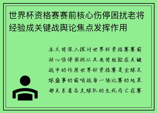 世界杯资格赛赛前核心伤停困扰老将经验成关键战舆论焦点发挥作用