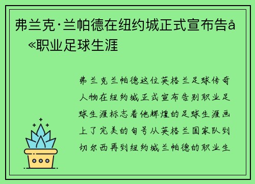 弗兰克·兰帕德在纽约城正式宣布告别职业足球生涯