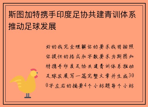 斯图加特携手印度足协共建青训体系推动足球发展 斯图加特携手印度足协共建青训体系推动足球发展